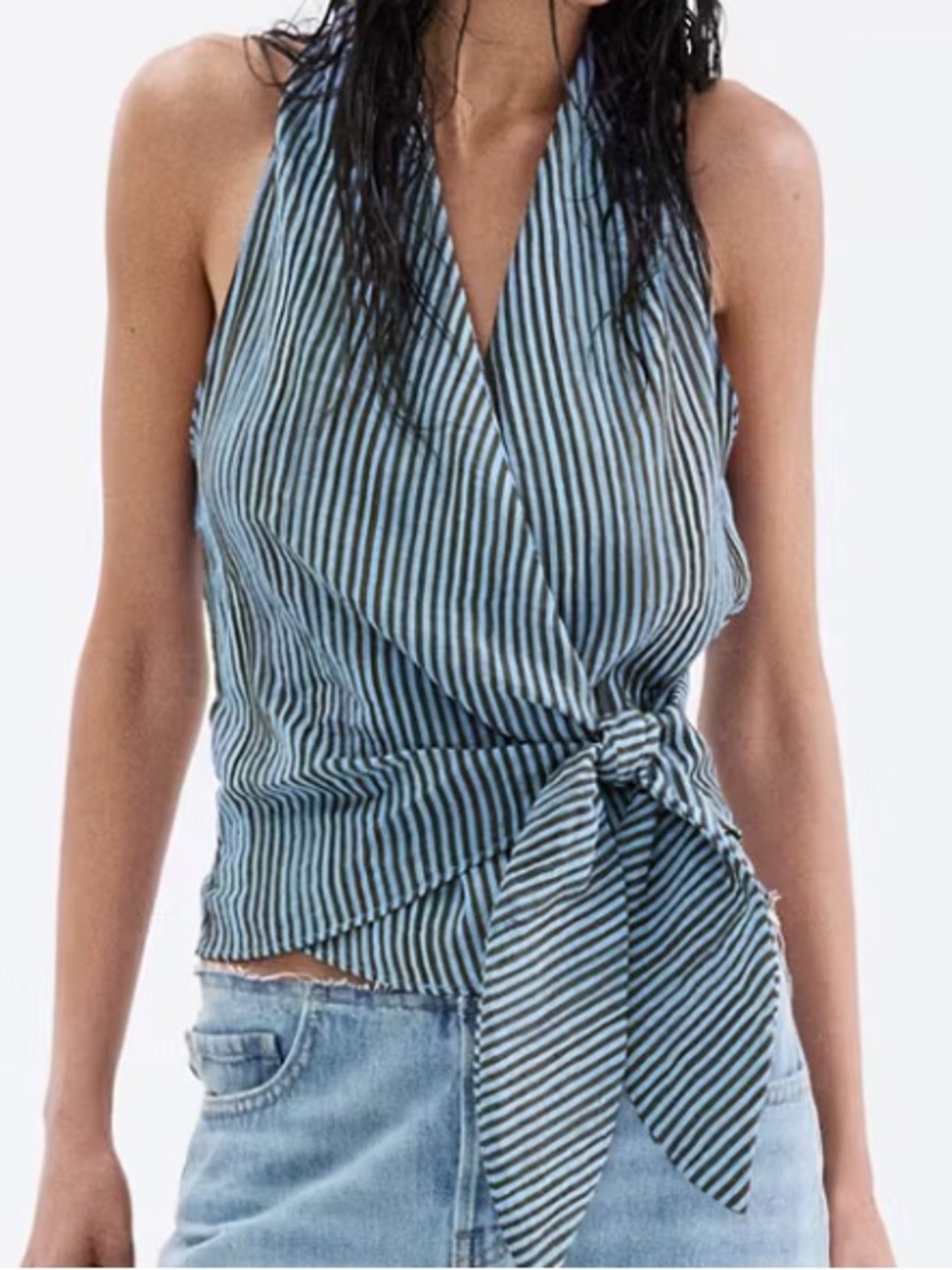 Mango Blue and Black Striped Tie-Front STRIPED WRAP BLOUSE WITH TIE 2894